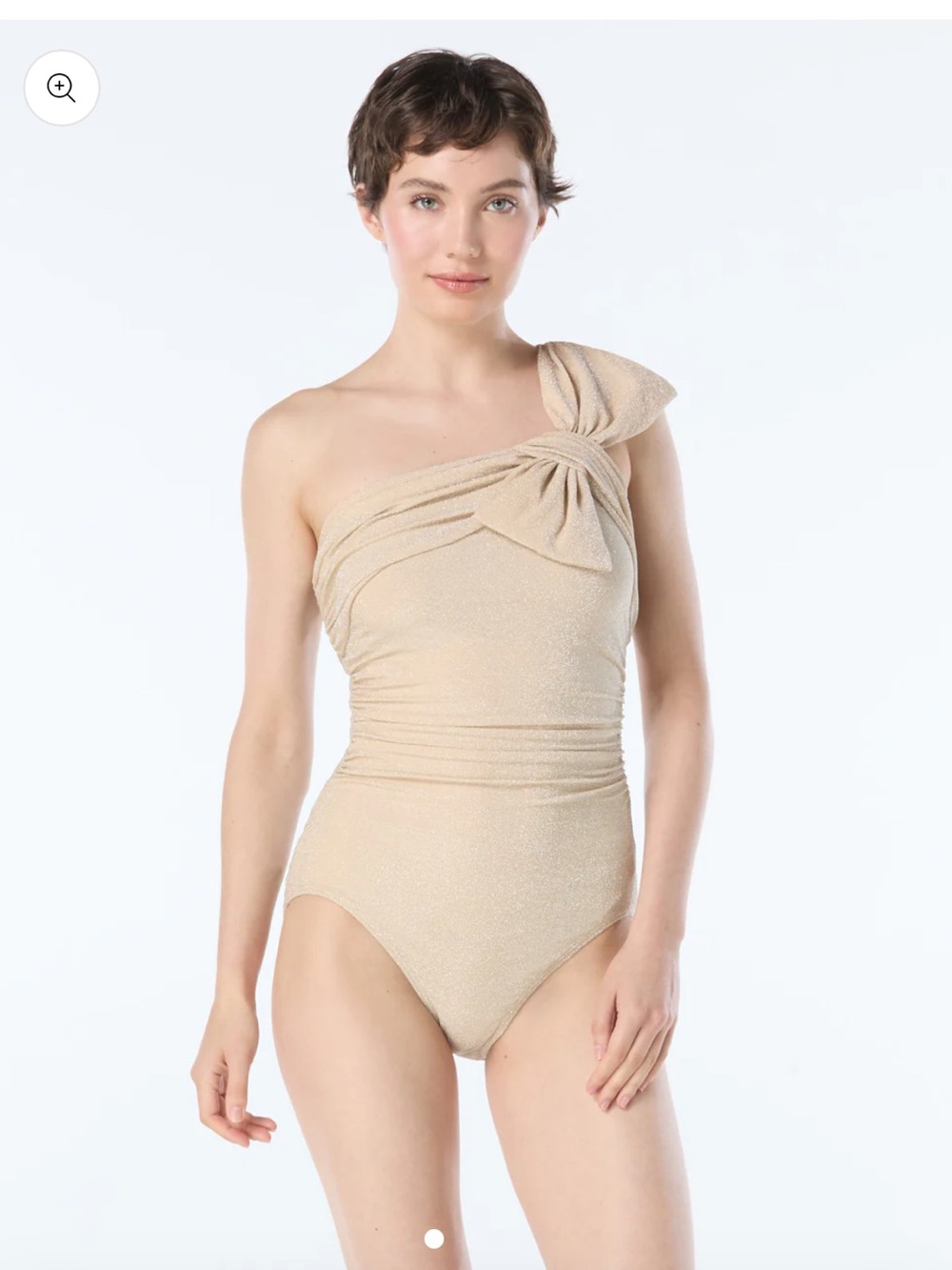 Carmen Marc Valvo One-Shoulder Bow One-Piece in Champagne Beige